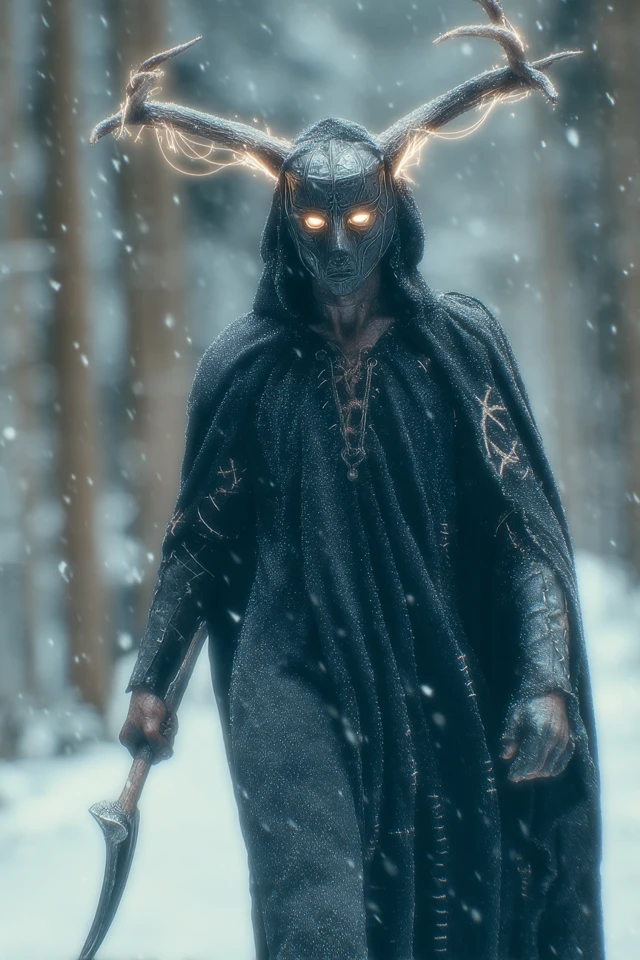 Masked Warrior in Snowy Forest Fantasy Art