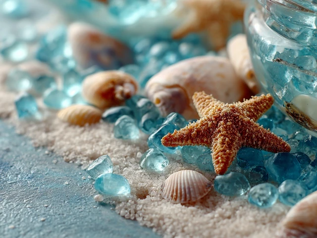 Beach Scene Starfish Shells Sand and Glass