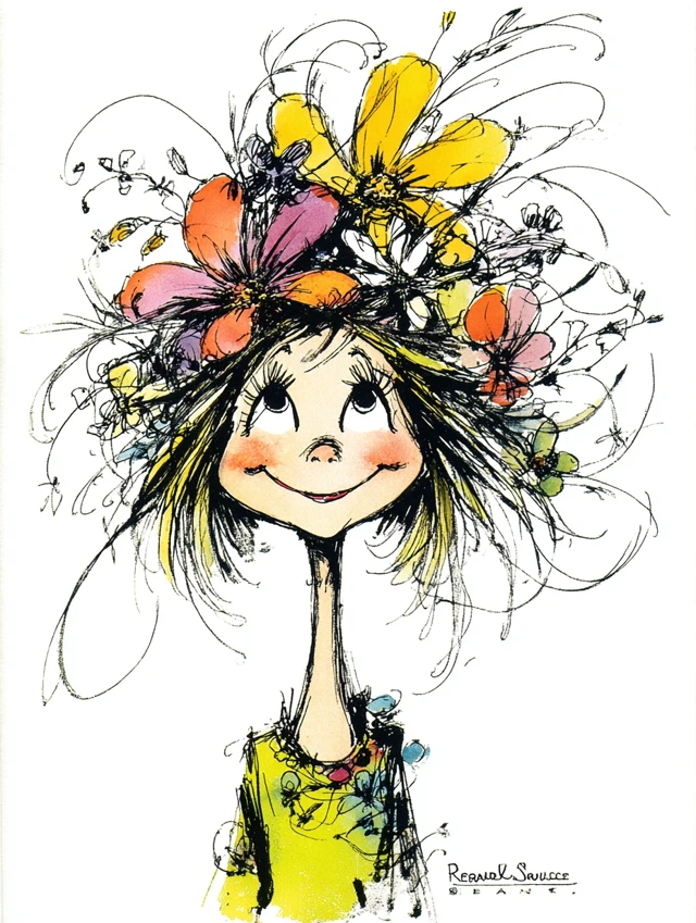 Happy Cartoon Girl with Flower by Ronald Searle