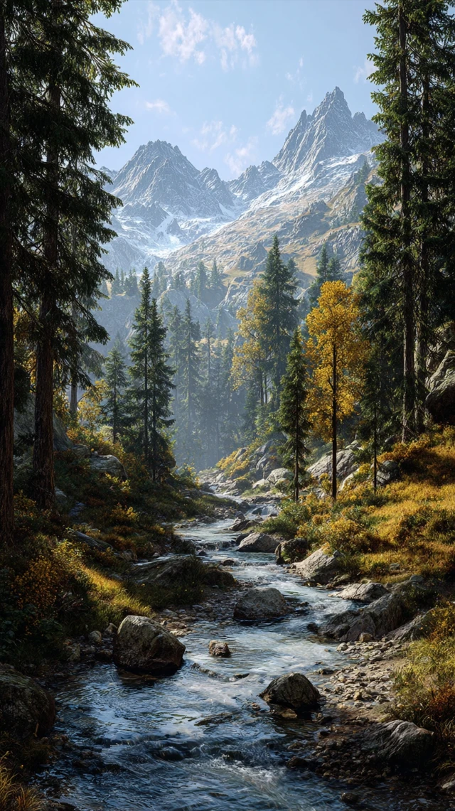 Alpine Landscape River Forest Mountains Autumn