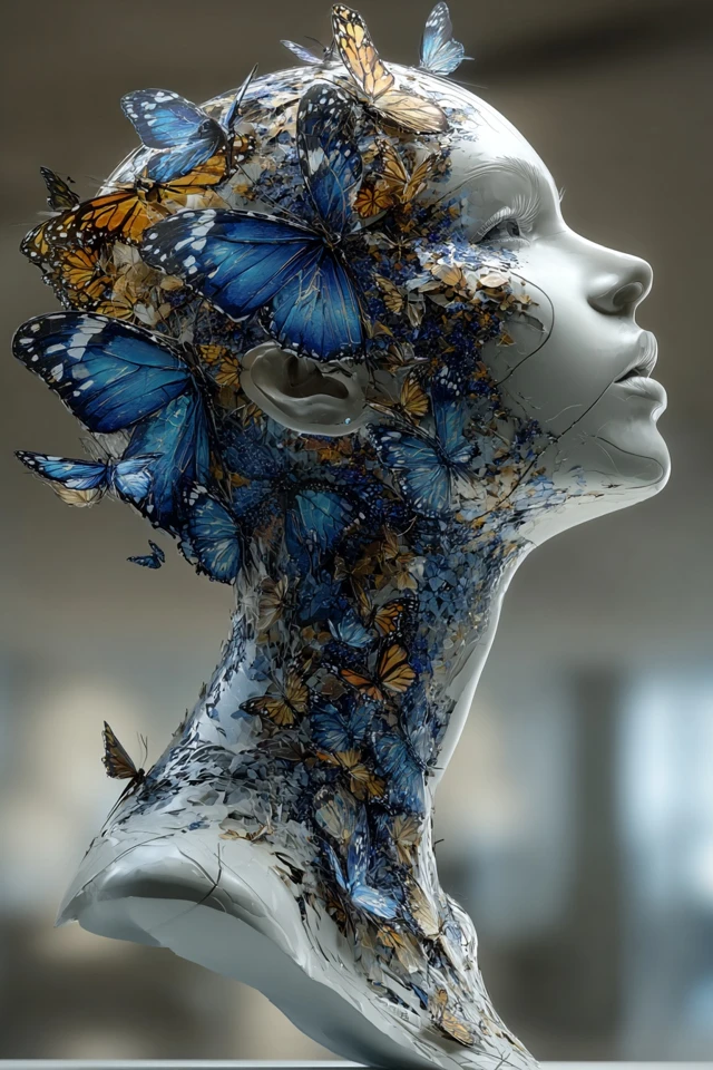 Surreal Woman Sculpture with Butterflies Art