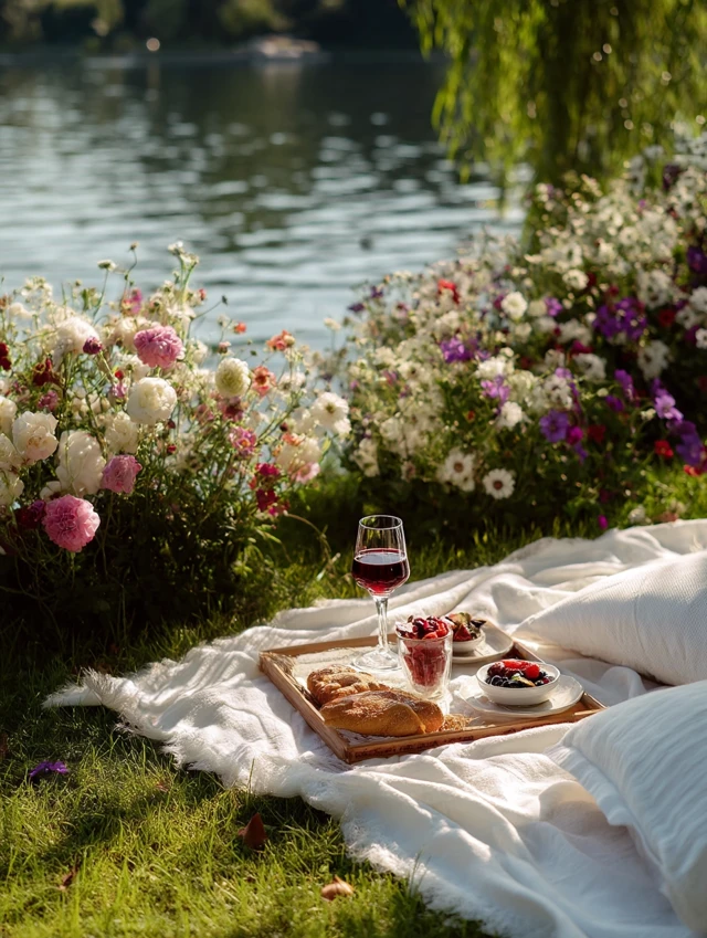 Picnic by the Lake Romantic Scene with Food and Wine