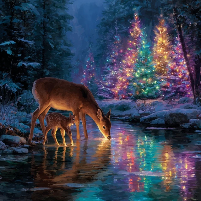 Winter Wonderland Deer Scene with Christmas Trees