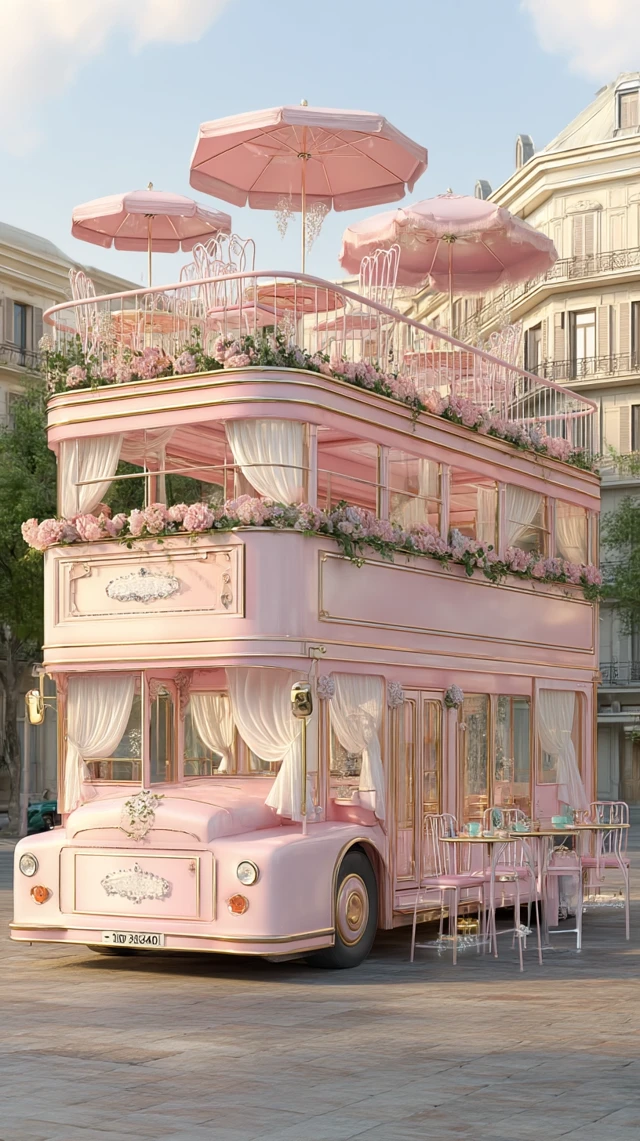 Dreamy Pink Bus Cafe in European City Street