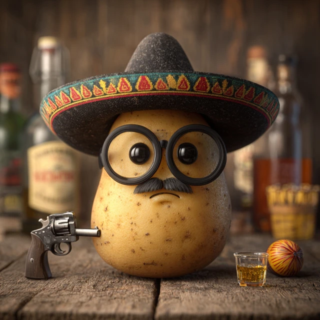 Mexican Potato Funny with Sombrero Glasses and Tequila