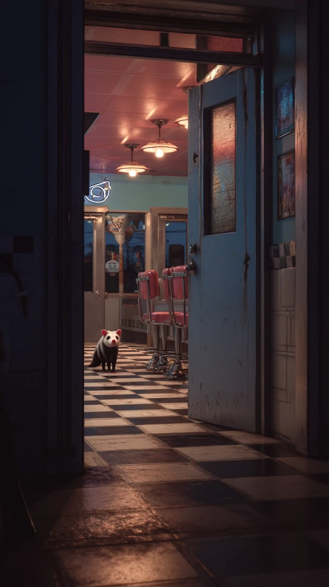 Opossum Enters Diner Realistic Illustration