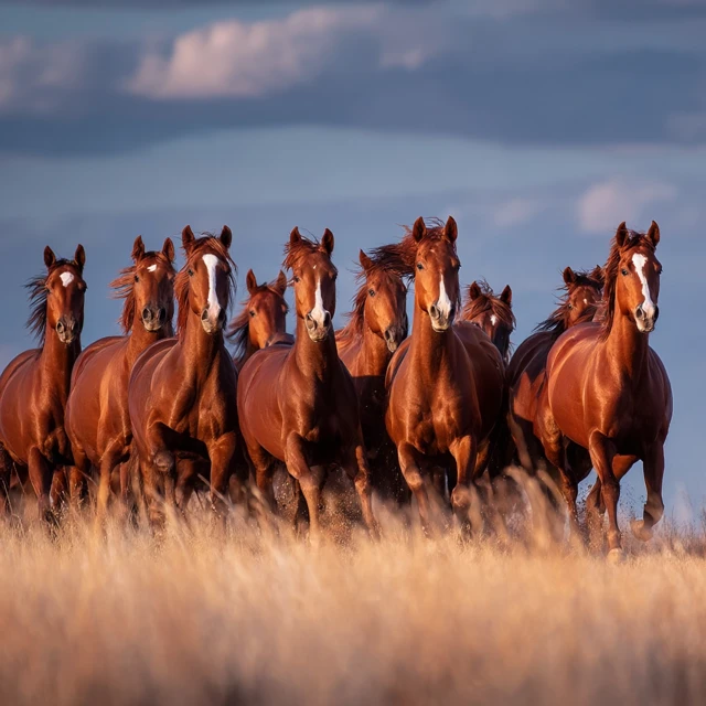 Nine Horses Running Across the Grassland