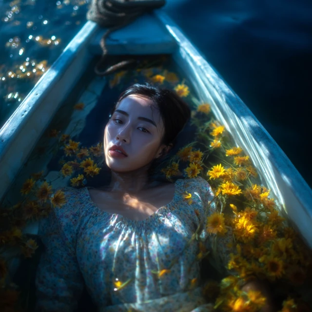 Asian Girl in a Boat on a Lake with Sunflowers