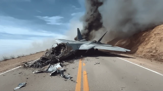 Crashed SU57 Russian Military Jet Burning on Road