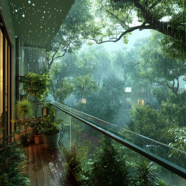 Rainy Balcony Serene Garden View Photography