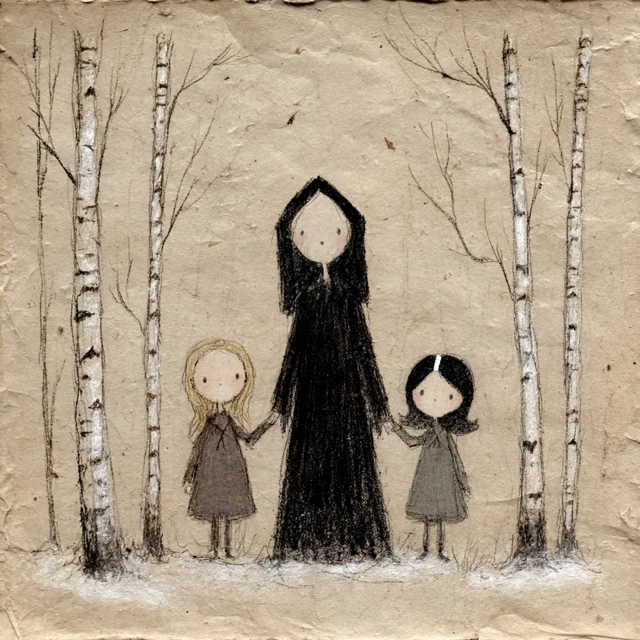 Creepy Fairy Tale Illustration Old Woman and Girls