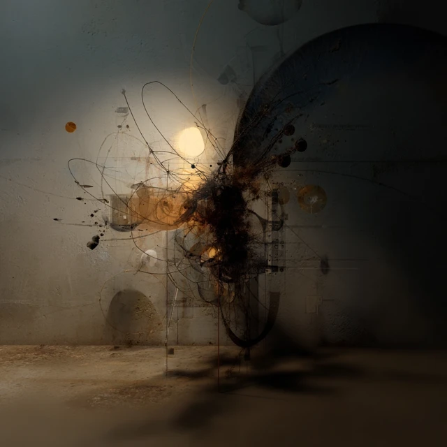 Surreal Scene Man Gazing at Abstract Forms