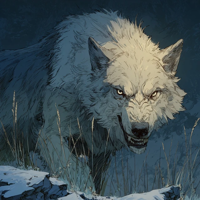 Angry Alpha Wolf in Icy Tundra Dungeons and Dragons Style