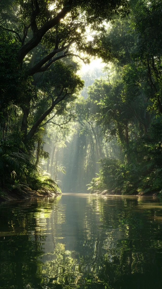 Majestic Rainforest Scene Sunlight and Reflections