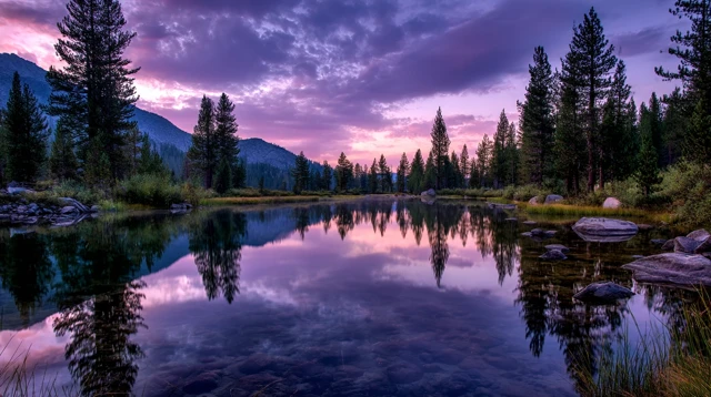 Mountain Lake Reflecting Twilight Sky Pine Trees