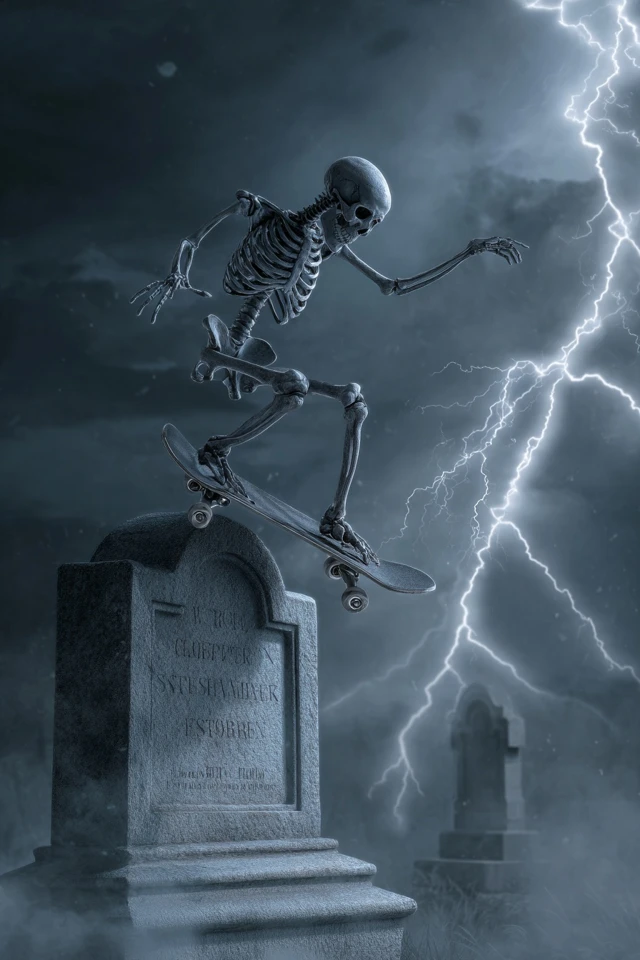 Skeleton Skateboarder Stormy Night