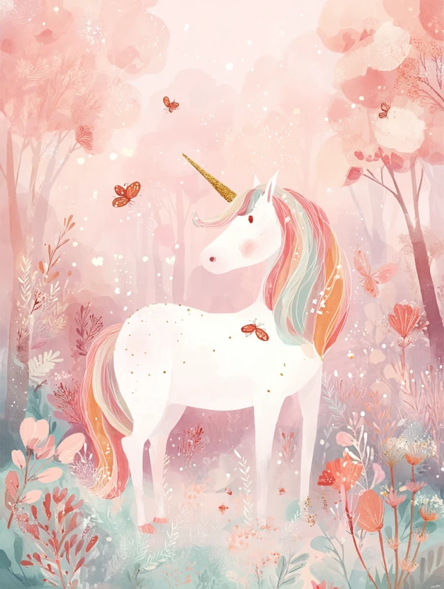 Cute Unicorn in a Dreamy Forest Watercolor