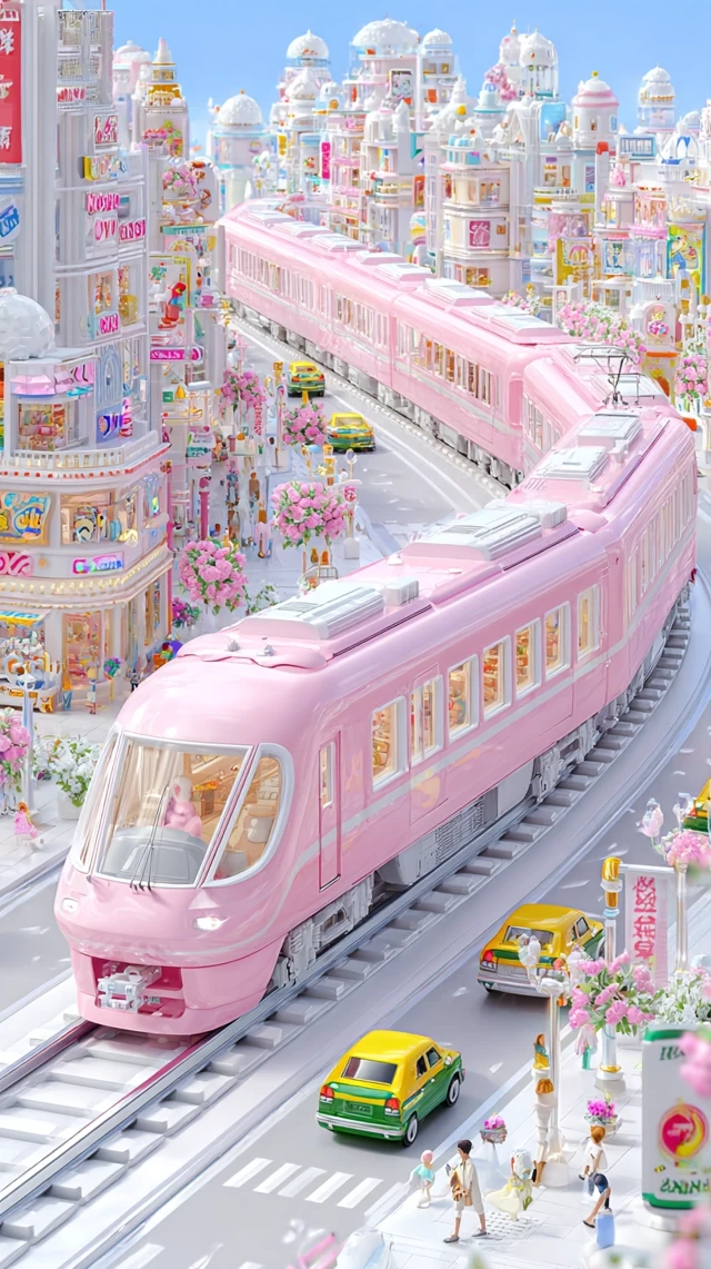 Pink City Train Whimsical Illustration