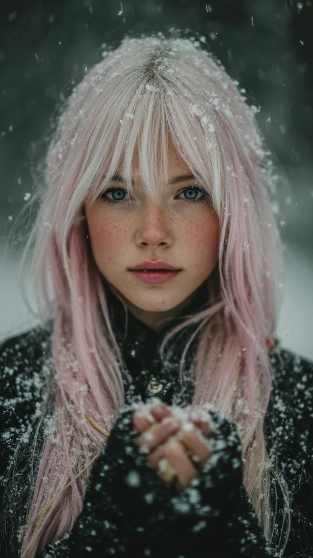 Woman with Pink Hair in Snow