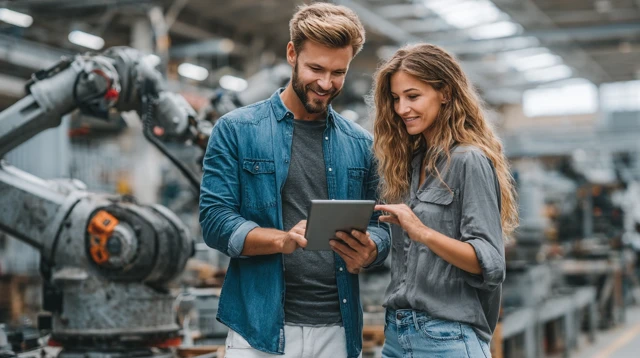 Business Team Analyzing Production Data in Factory
