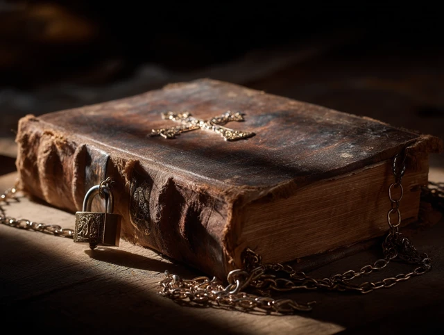 Old Book with Cross Chains and Padlock