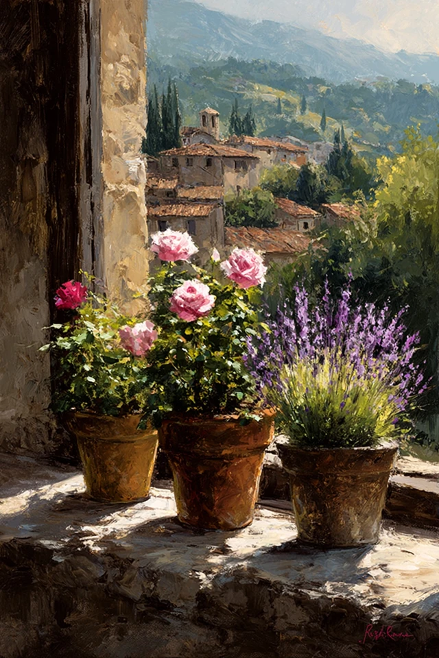 Italian Landscape Oil Painting with Flowers