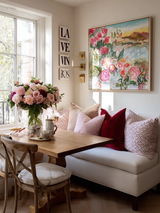 English Home Dining Nook Pastel Colors and Floral Decor