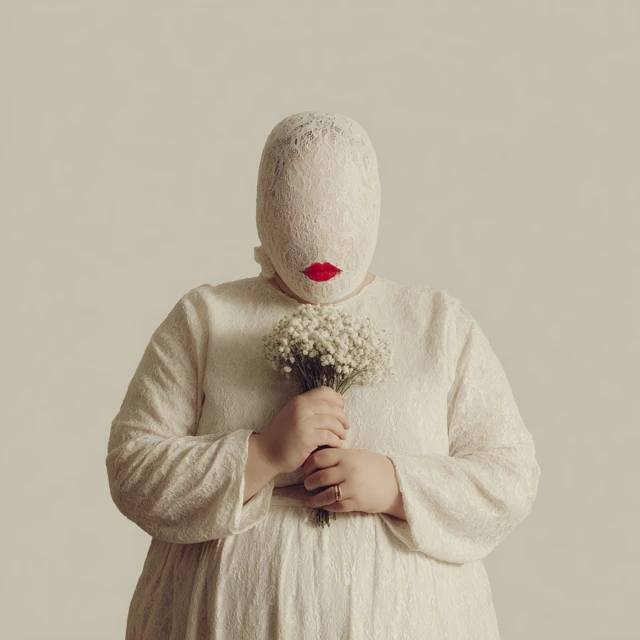 Minimalist Portrait Woman Lace Veil Red Lips
