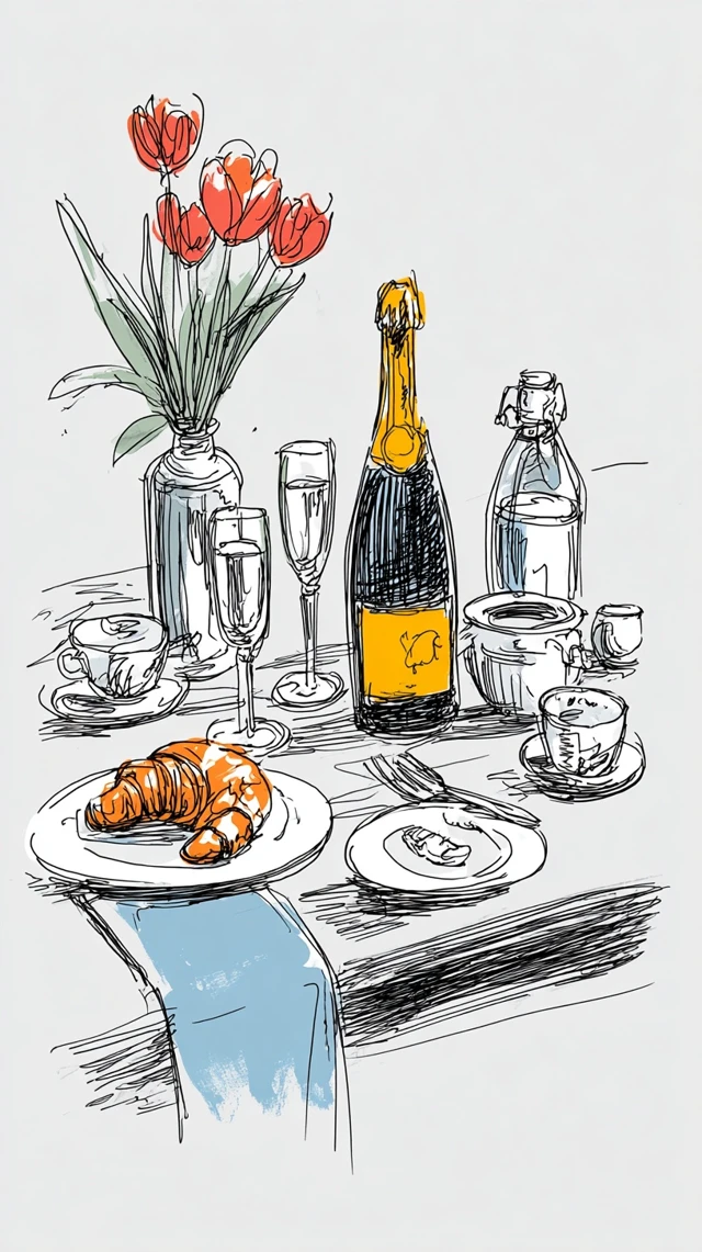 Brunch Table Illustration Champagne Croissant Tulips