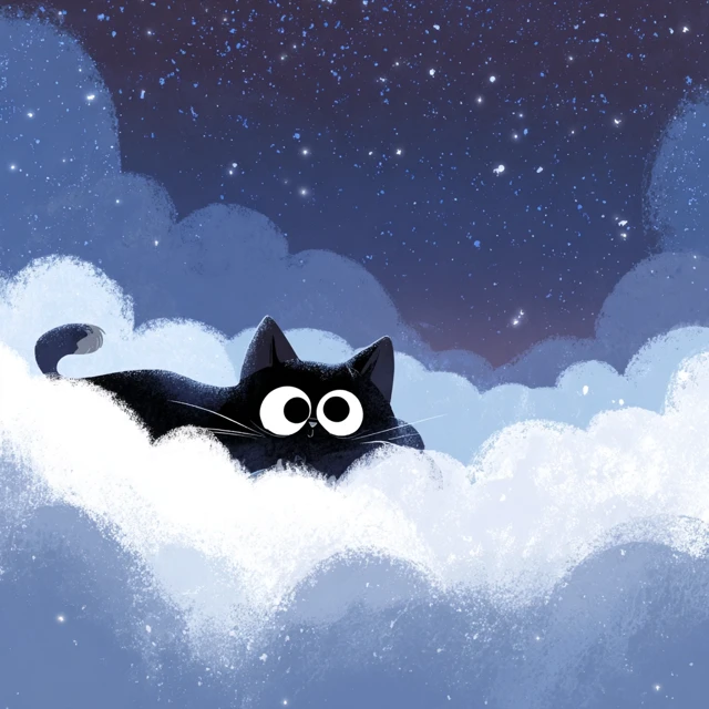 Cute Cat on Clouds Looking at Stars Pixar Style