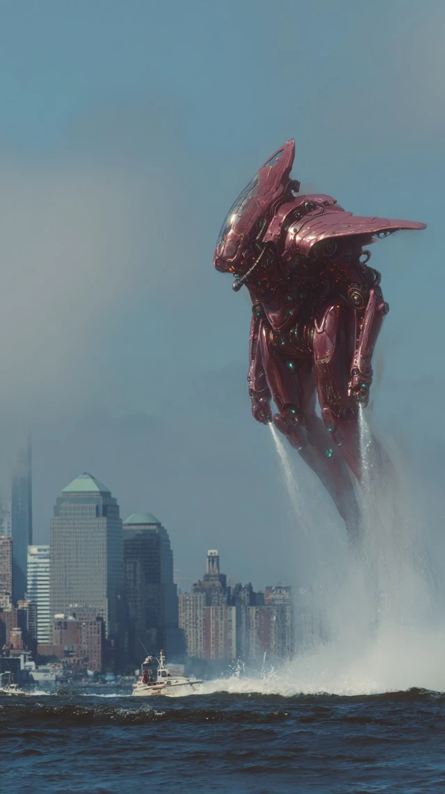 Giant Mecha Firefighter Robot over New York Harbor
