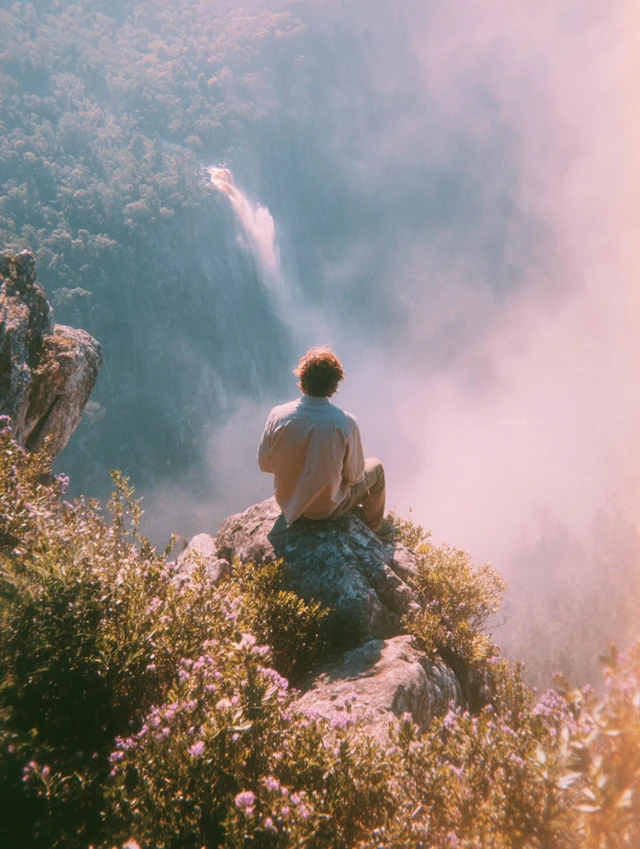 Man on Mountain Peak Forest and Waterfall View