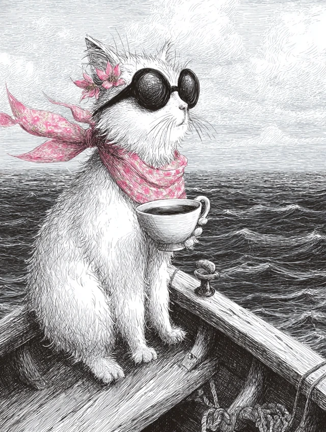 Cat at Sea Storybook Illustration