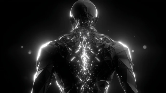 Cybernetic AI Figure in Geometric Armor