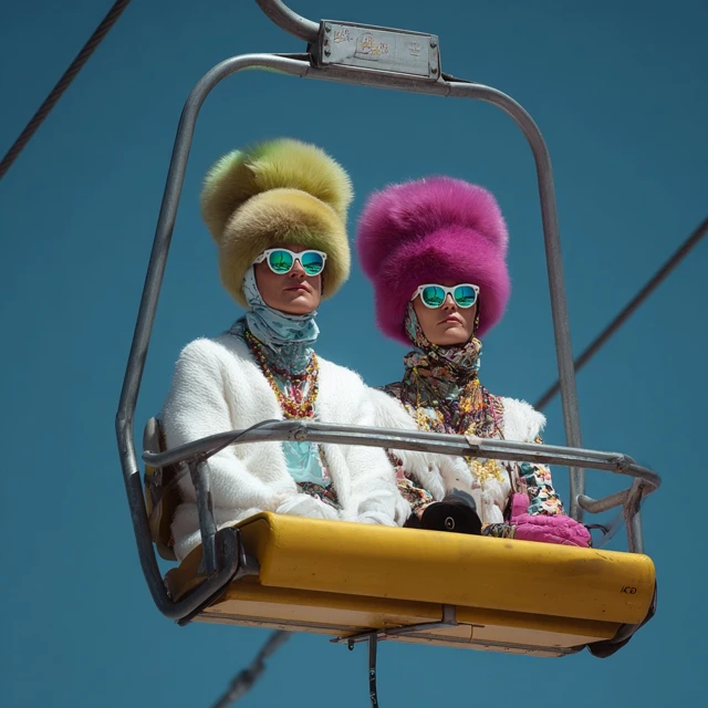 Luxury Vintage Skiers in Fur Hats Chairlift Blue Sky