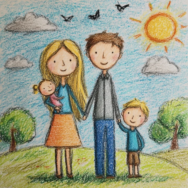 Family Portrait Drawn with Colored Pencils Nature Scene