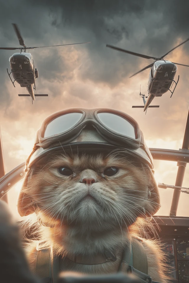 Angry Cat Pilot Helicopter Action Scene