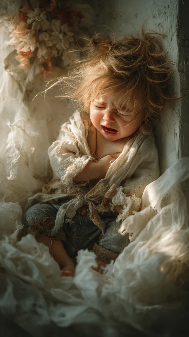Heartrending Portrait Crying Infant Wrapped in Linen