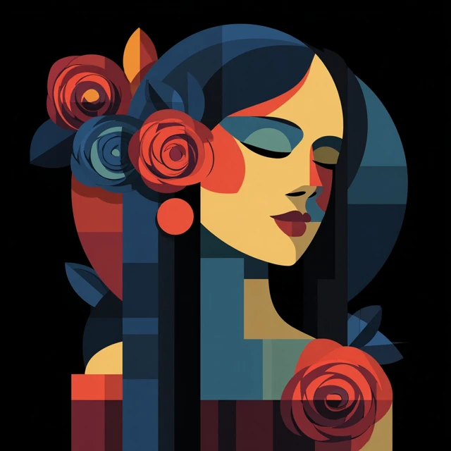 Cubist Portrait Woman with Roses