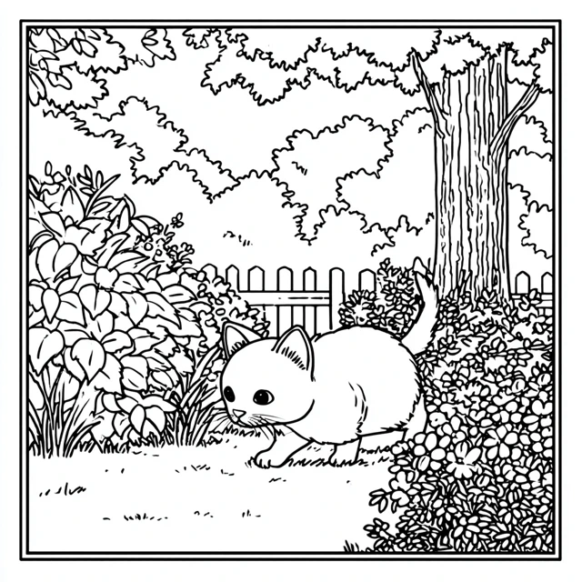 Cat in Garden Coloring Page for Kids Kawaii Style
