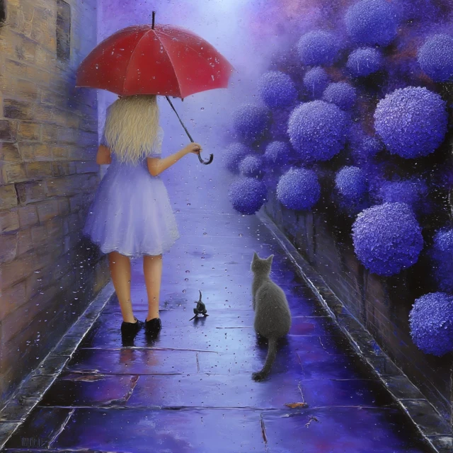 Rainy Alleyway Girl Hydrangeas and a Cat