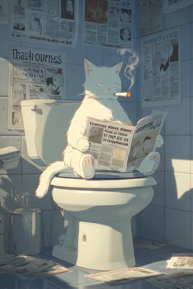 Anime Cat on Toilet Smoking and Reading