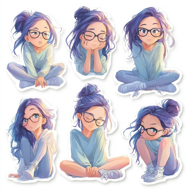 Cute Girl Stickers Colorful Hair and Glasses