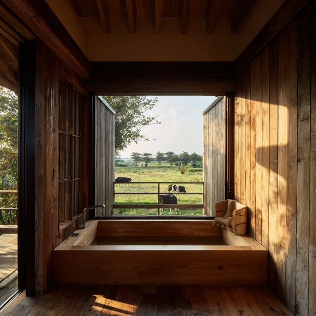 Japanese Style Wooden Bathtub With Field View