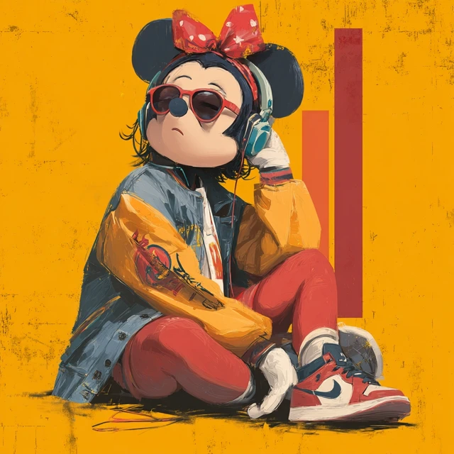Minnie Mouse Listening to Music Retro Style