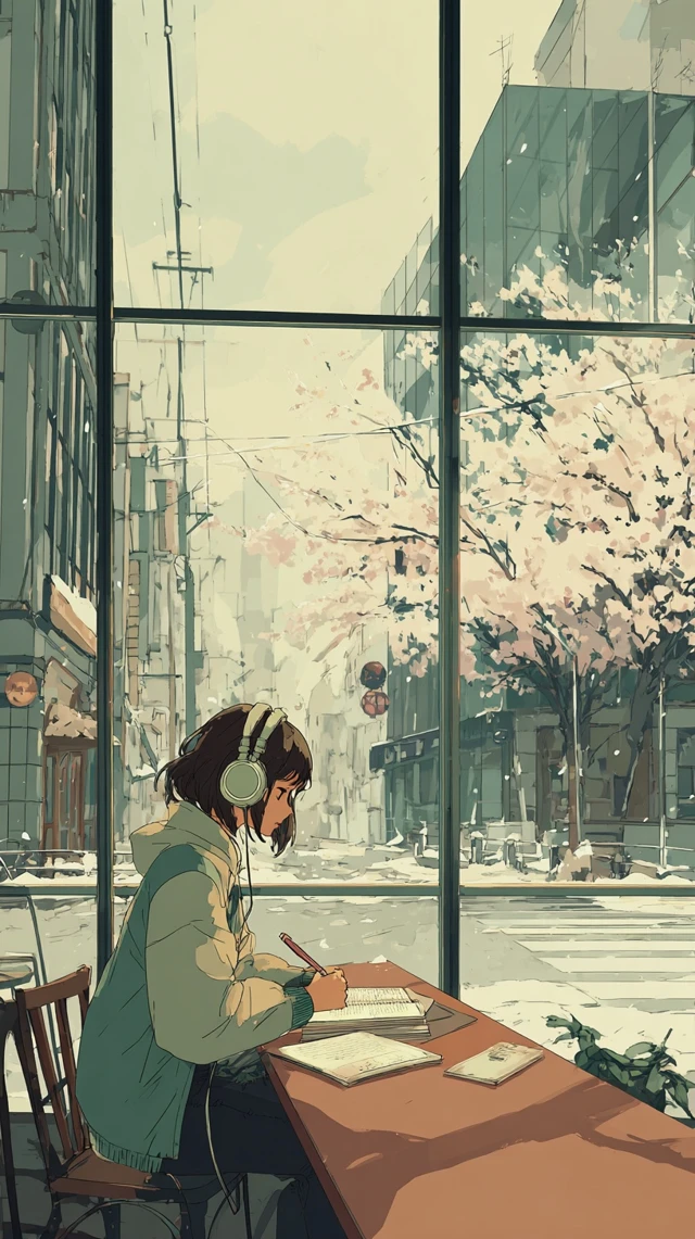 Anime Girl Studying Cafe Spring LoFi Ghibli Aesthetic
