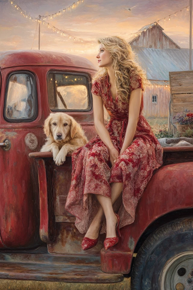 Romantic Country Scene Woman Truck Golden Retriever