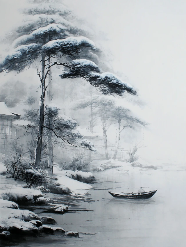Chinese Ink Wash Snow Landscape Painting Zen Style