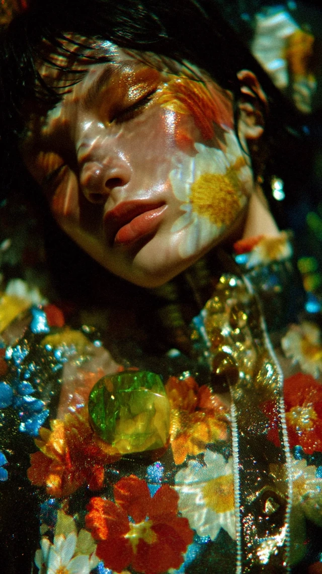 Surreal Woman Floating in Floral Dream