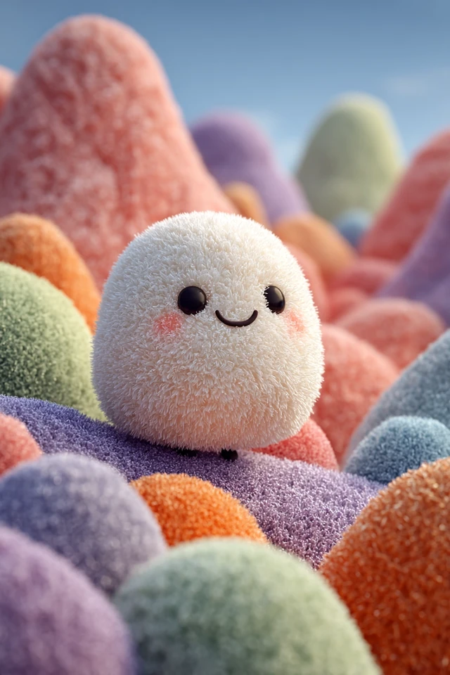 Cute Fluffy Character in Pastel Landscape